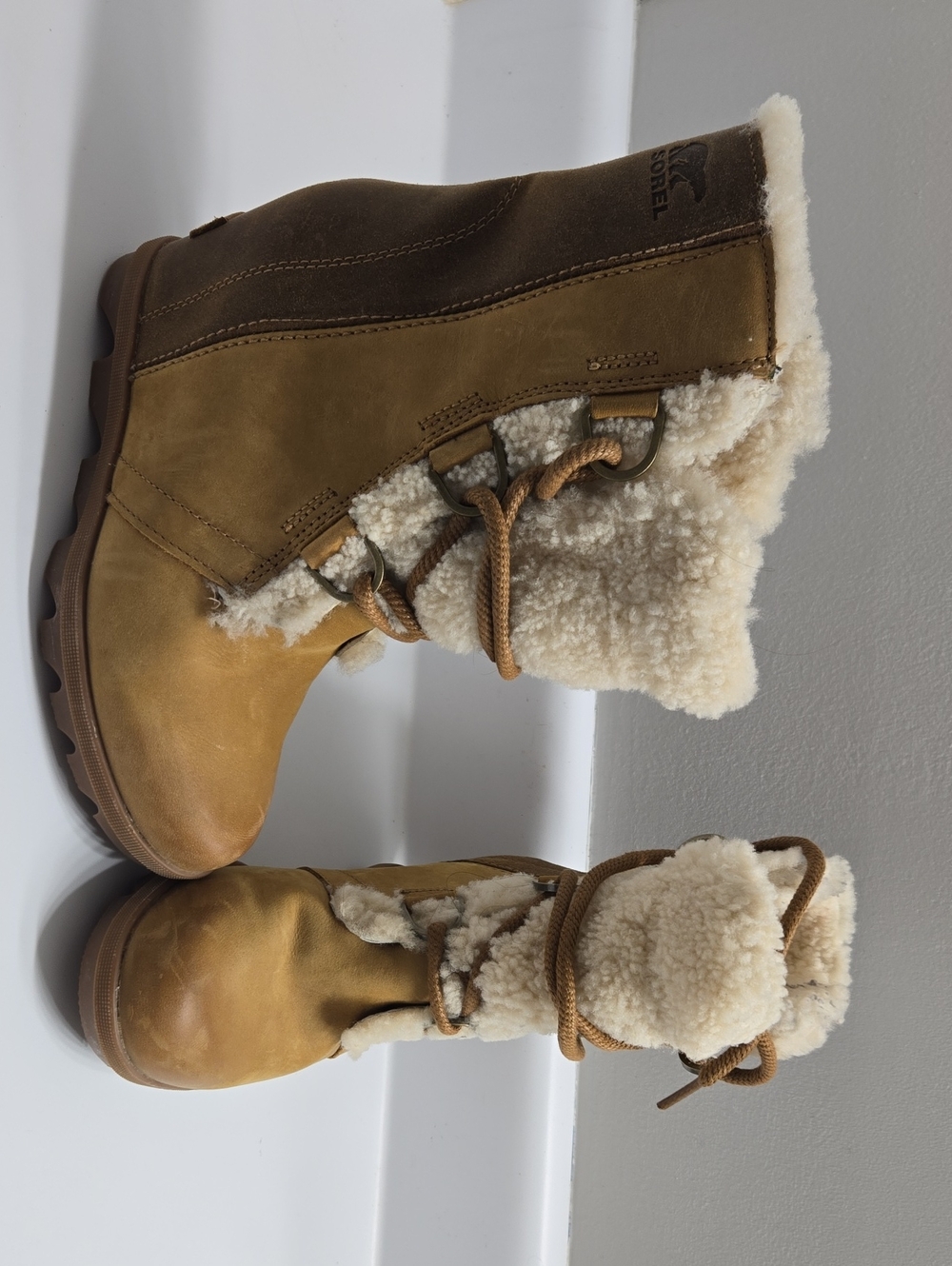 Sorel Shearling-Lined Lace-Up Boots in Brown and Tan